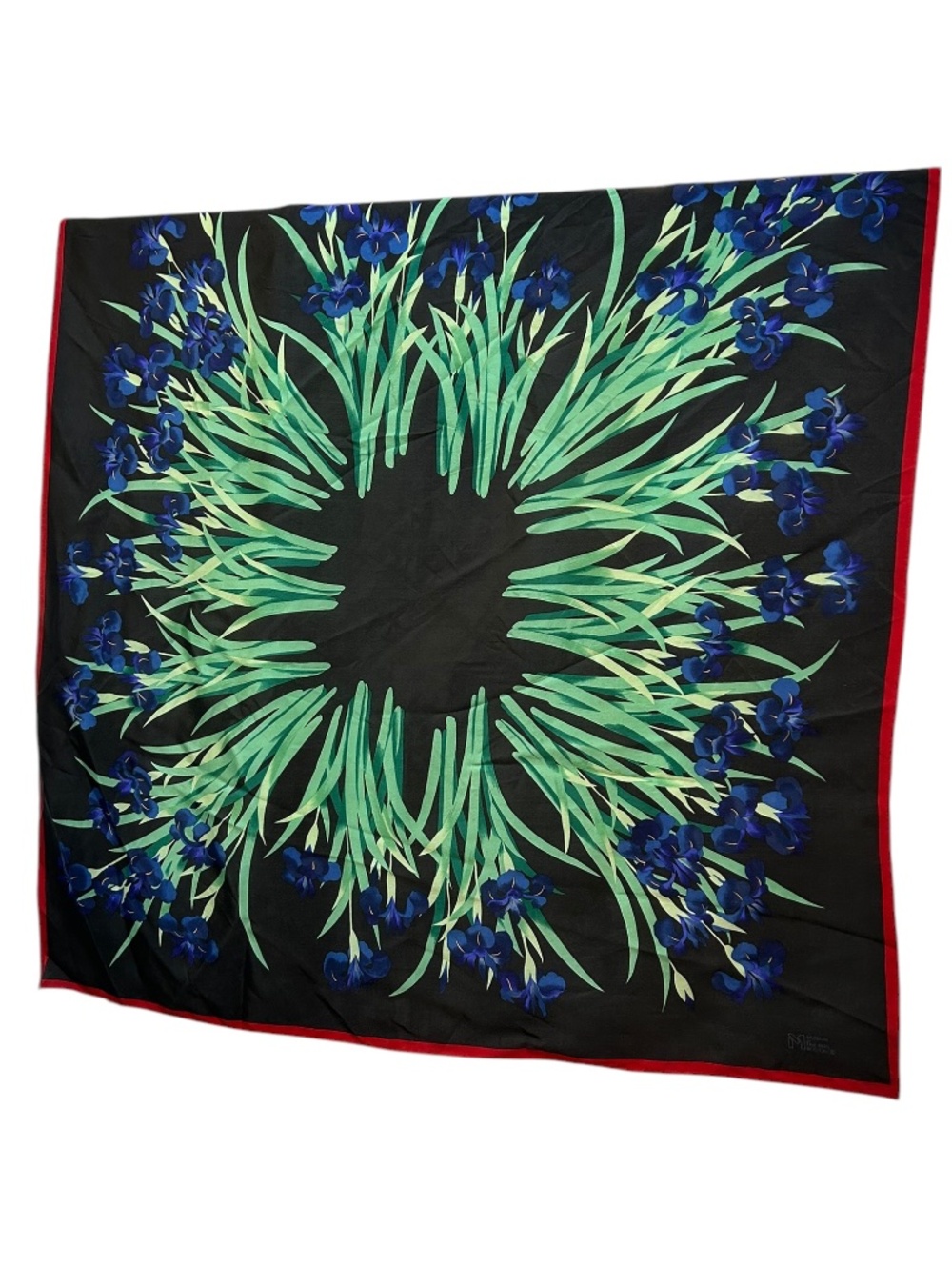 Museum of Fine Arts Blue Irises Spring black green red 100% silk scarf ASNEW 36"